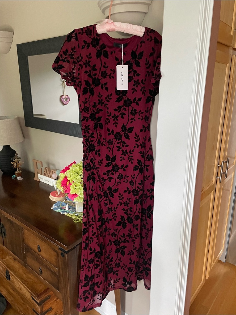 Women's Burgundy Maxi Dress with Black Floral Burnout
